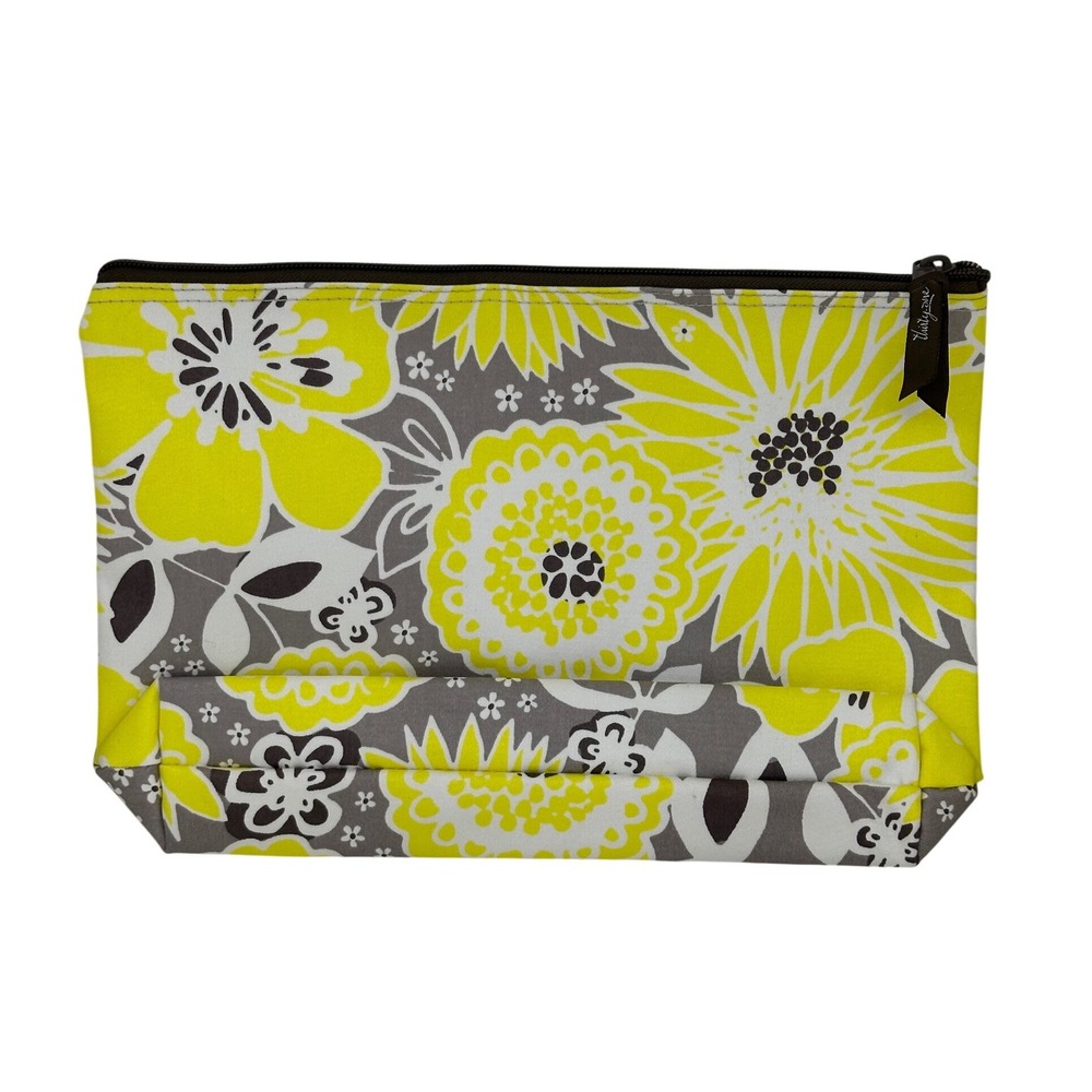 Thirty One Zipper Pouch Yellow Gray Floral‎ Travel Makeup Toiletry Organizer Bag
